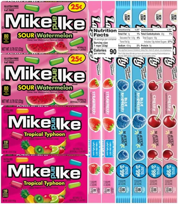 Variety Pack Candy Mix - Mike and Ike & Taffy Ropes, 2 Each 5 Flavors (Sour Watermelon, Tropical Typhoon, Strawberry, Blue Raspberry, Cherry), Individually Wrapped, 10 Pack
