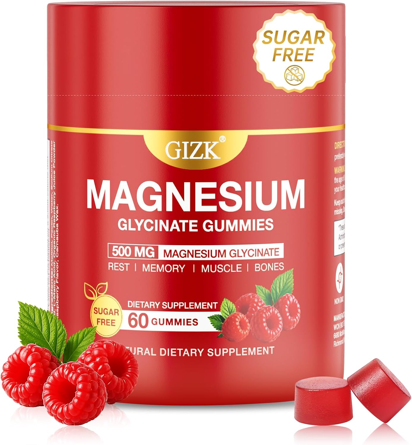 Magnesium Glycinate Gummies 500mg – Sugar Free Magnesium Gummies for Sleep, Stress, Muscle & Nerve Support – for Adults & Kids 4+, Vegan, No Melatonin (Raspberry Flavor, 60 Count)