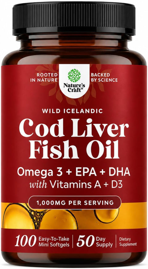 Icelandic Cod Liver Oil Softgels - Omega 3 Fish Oil with Vitamin A - 100 Ct