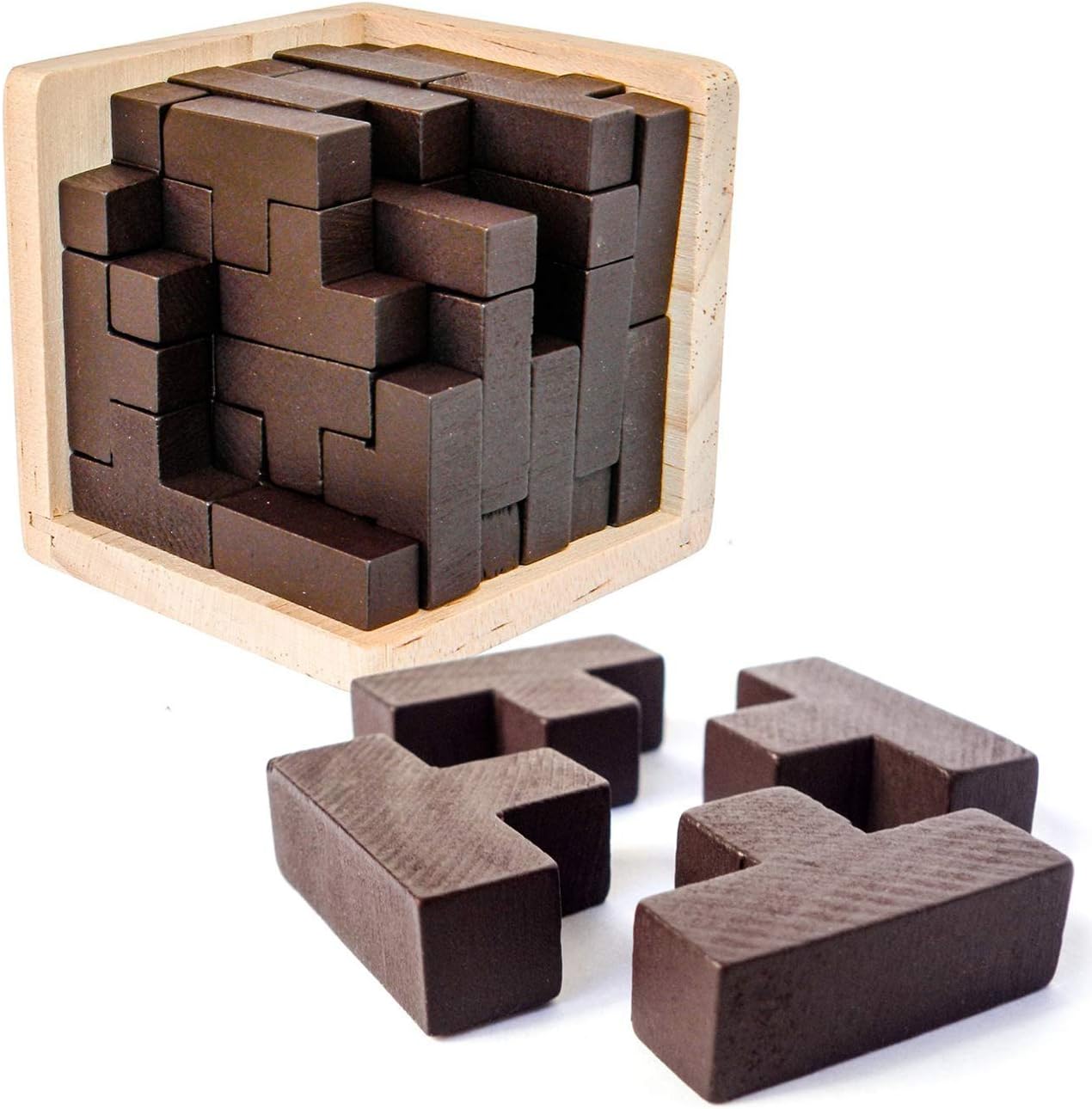 AHYUAN Wooden Brain Teaser Puzzles Cube Stocking Stuffers Wooden Puzzles T-Shaped Jigsaw Logic Puzzle Educational Games Toy for Kids and Adults (Coffee)