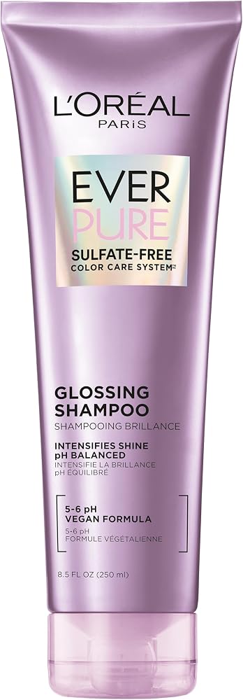L'Oreal Paris Sulfate Free Glossing Shampoo, Intensifies Hair Shine & Smoothness, pH Balanced & Argan Oil Infused Vegan Hair Care, EverPure, 8.5 Fl Oz
