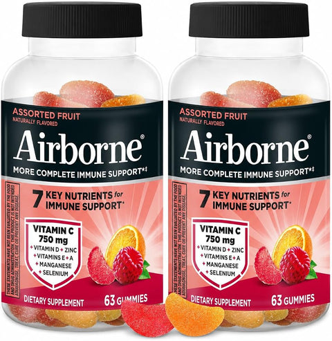Airborne 750mg Vitamin C Gummies for Adults, Immune Support Supplement with Powerful Antioxidants Vitamins A C & E - 2x63ct Bottles (126 Gummies), Assorted Fruit Flavor