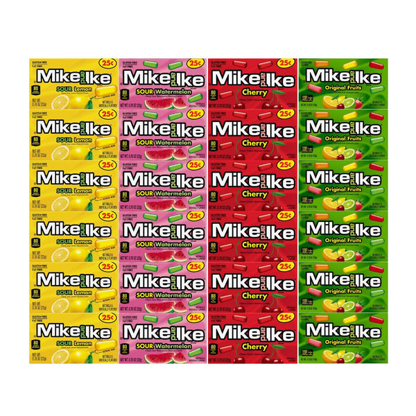 Generic Candy Assortment Mike and Ike 4 Flavor, 6 Sour Lemon, 6 Sour Watermelon, 6 Cherry, 6 Original Fruits, 0.78 oz, 24 Pack