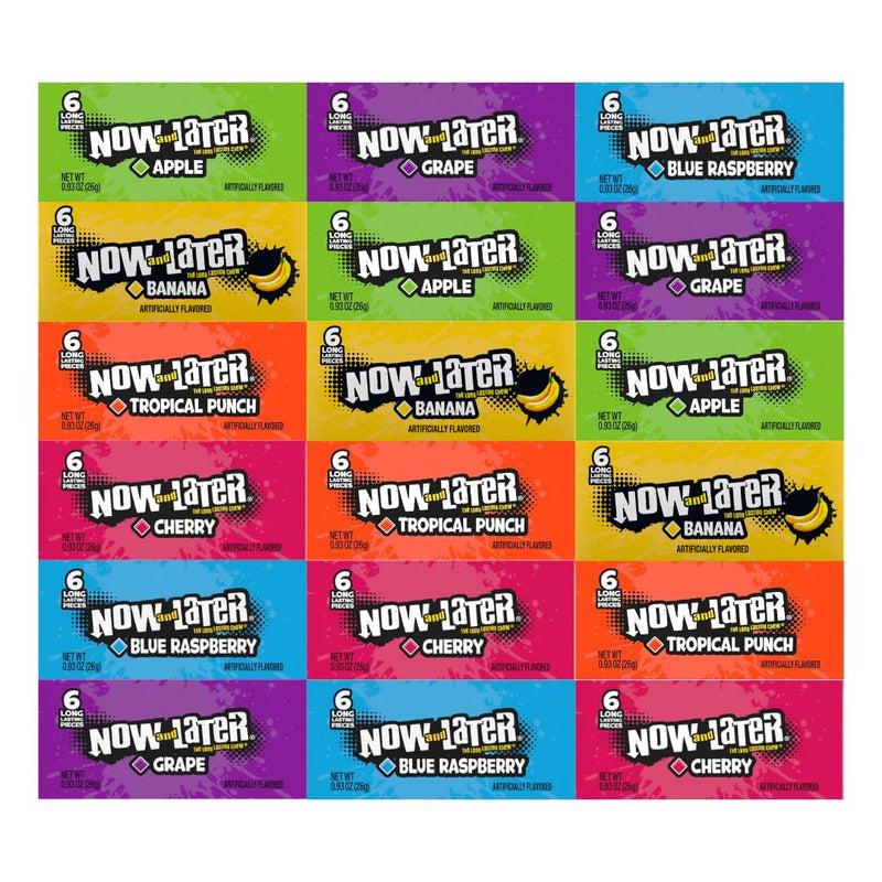 Variety Pack Candy Now and Later, 18 Individually Wrapped Pieces, 6 Assorted Flavors Including Apple, Banana, Tropical Punch, Cherry, Blue Raspberry, and Grape