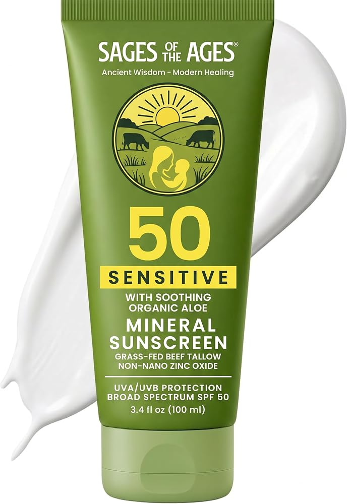 Grass Fed Tallow Natural Mineral Sunscreen SPF 50 — No White Cast, Non-Nano Zinc Oxide, Reef Safe UVA/UVB, Water Resistant 80 Min, Moisturizing & Soothing with Aloe Vera, Face & Body