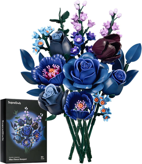Blue Roses Flower Bouquet Building Blocks Set, Botanical Flowers Bricks Kit