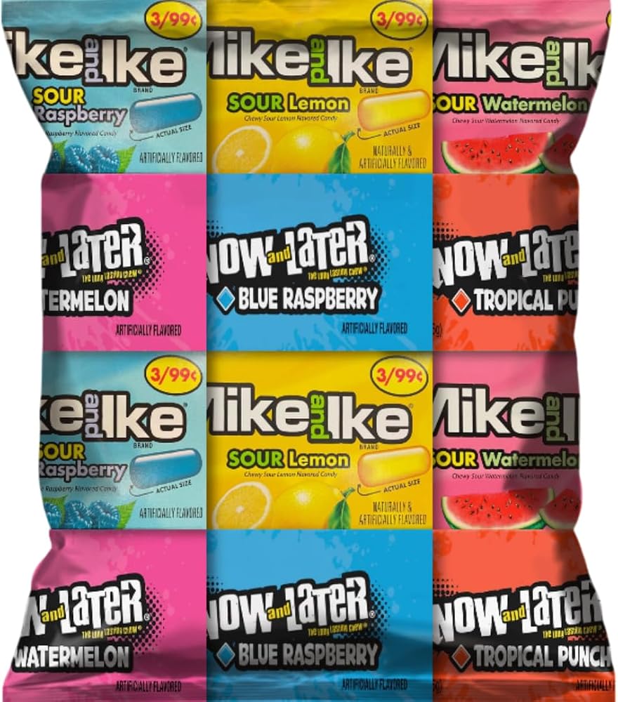 Assorted Candy Variety Pack Bulk 12 Count with Blue Paper Bags, Includes Mike and Ike & Now and Later Candy Mix, Individually Wrapped, Great for Parties, Events, Snacking, Sharing