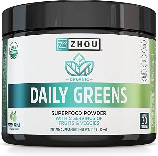 Zhou Organic Daily Greens Powder - Green Apple Flavor, 5 oz (30 Servings)