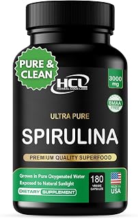 Spirulina Powder Capsules 3000 mg - Purest Non-Irradiated Blue Green Algae - Best Raw Vegan Protein - Green Superfood - Natural Multivitamins – 180 Pills Made in the USA