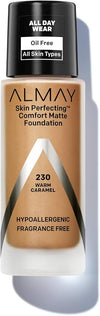 Almay Skin Perfecting Comfort Matte Foundation Liquid Makeup, Hypoallergenic, Cruelty- & Fragrance-Free, Dermatologist-Tested, 230 Warm Caramel, 1 fl oz