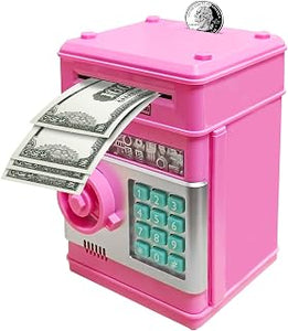 Electronic Piggy Bank Code Lock for Kids Baby Toy, Mini ATM Safe Coin Cash Banks Real Money Saving Box with Password, Auto Money Scroll for Children,Boys Girls Birthday Gift (Deep Pink)