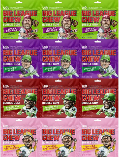 Variety Pack Big League Chew Bubble Gum, Chewing Gum Pouches, Bubble Gum Variety Assortment, 12 Pack (2.12 oz Each) – Soft Shredded Gum for Kids and Adults, Classic Chew Experience