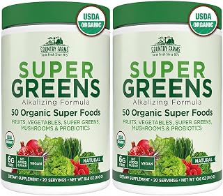 Country Farms Super Greens Natural Flavor, 50 Organic Super Foods, USDA Organic Drink Mix, Fruits, Vegetables, Super Greens, Mushrooms & Probiotics, Supports Energy, 40 Servings, 10.6 Oz, 2 Pack