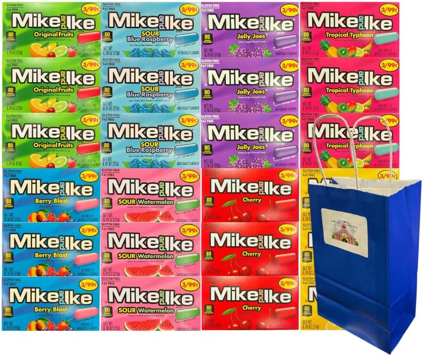 Variety Pack Mike and Ike Candy 24 Count, Assorted Fruit Flavored Chewy Candy, 3 Each of 8 Popular Flavors, Bulk Box with Bonus Blue Paper Gift Bag, 0.78 oz Packs, Party Favors, Snacks