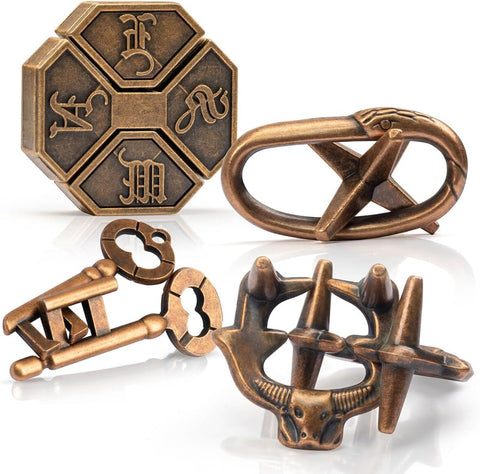 Fun Metal Brain Teaser Puzzle Games - 4 Pcs Adults Mind Travel 3D Toys -Teens IQ Insight Challenge - Logic Educational Gift（with Storage Case and Instructions）