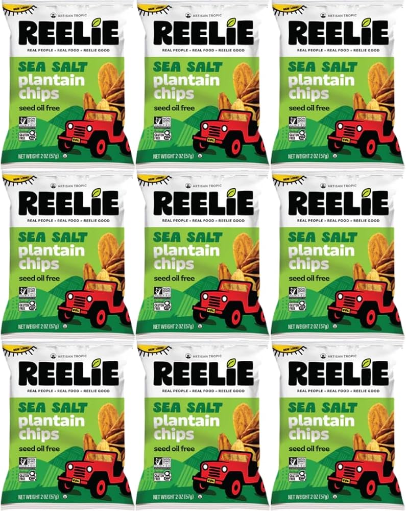 Sea Salt Plantain Chips Reelie 2 oz 9-Pack | Crispy Sea Salt Flavor | Healthy Gluten-Free Snack | Bulk Snack Pack for Home, Office & Travel