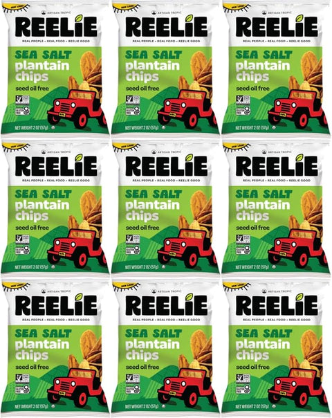 Sea Salt Plantain Chips Reelie 2 oz 9-Pack | Crispy Sea Salt Flavor | Healthy Gluten-Free Snack | Bulk Snack Pack for Home, Office & Travel