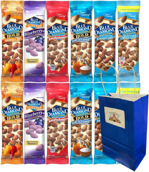 Variety Pack Almonds 12 Count, 2 Each of 6 Flavors, Individually Packed 1.5 Oz Bags, Assorted Roasted Snack Nuts with Blue Gift Bag, Kosher, Gluten Free, Keto Friendly