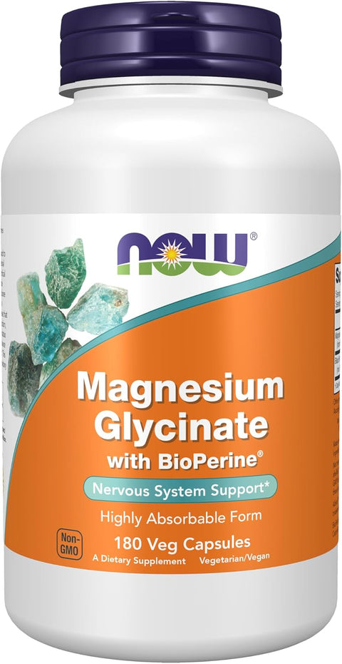 NOW Supplements, Magnesium Glycinate with BioPerine, 180 Veg Capsules