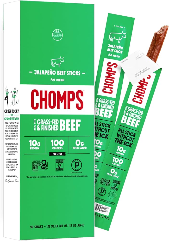 Chomps Jalapeño Beef, Grass-Fed & Finished, 10ct, Protein Snack Stick - Personal Care