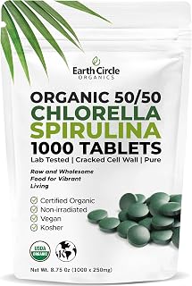 Premium Organic Chlorella / Spirulina Tablets 1000 Count (50/50) | Vegan, Kosher Green Algae Superfood | Cracked Cell Wall for Maximum Absorption | High in Protein, Iron, Chlorophyll - Pack of 1