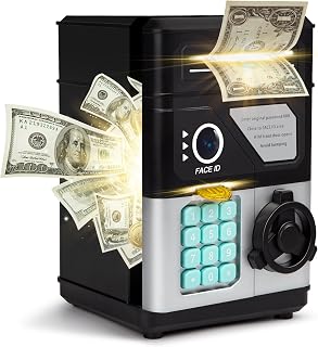 Piggy Bank for Kids, Electronic Money Saving Box with Password Lock, Kids Safe ATM Coin Bank with Auto Bill Feeder Slot, Interactive Saving Toy for Boys Ages 7-10, Birthday Gift