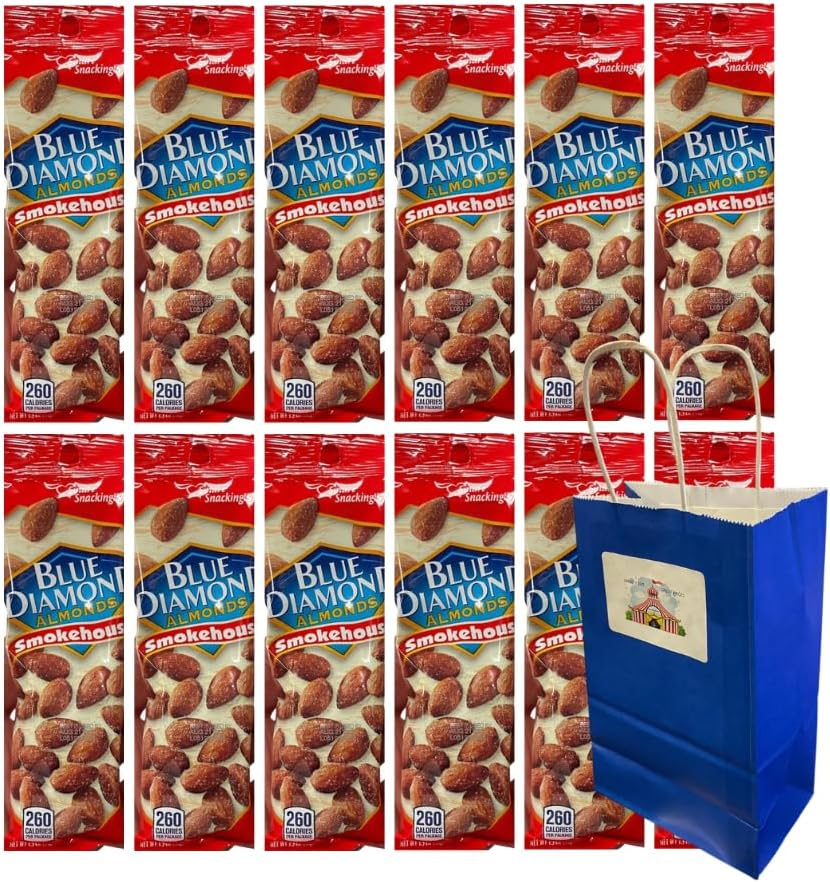 Big Top Deals USA 5.25x3.2x8 Blue Paper Gift Bag with 12 Pack Diamond Almonds Smokehouse 1.5oz – Events, Gifts, Party Favor, Crunchy Nut Snack Pack