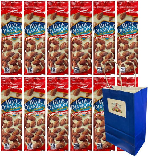 Big Top Deals USA 5.25x3.2x8 Blue Paper Gift Bag with 12 Pack Diamond Almonds Smokehouse 1.5oz – Events, Gifts, Party Favor, Crunchy Nut Snack Pack
