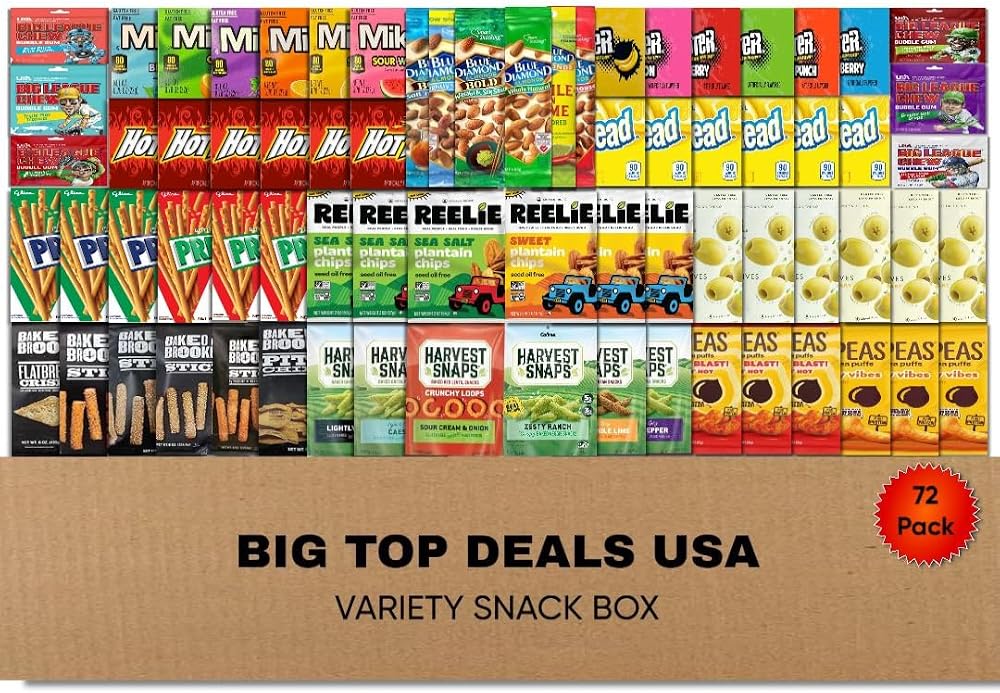 BIG TOP DEALS USA Variety Snack Box 72 Count Candy, Chips & Snacks Assortment Care Package for Parties, Office, College, Birthdays & Gift Giving