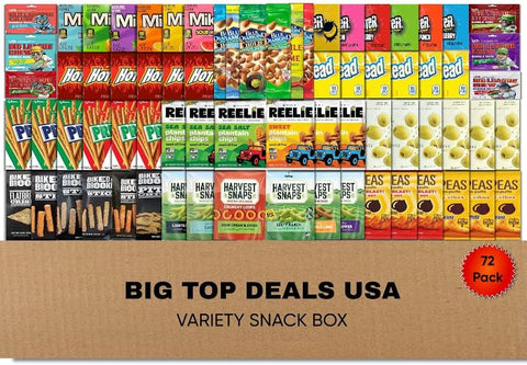 BIG TOP DEALS USA Variety Snack Box 72 Count Candy, Chips & Snacks Assortment Care Package for Parties, Office, College, Birthdays & Gift Giving