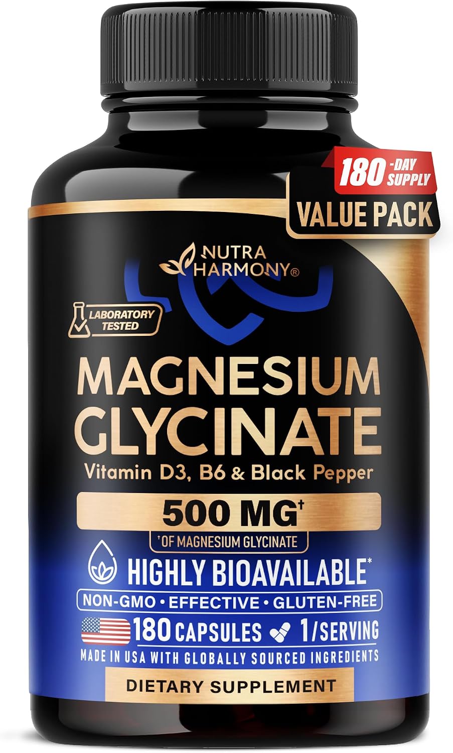 Magnesium Glycinate 500mg - VIT. B6 & D3 - Sleep, Muscle & Heart - 180 Caps