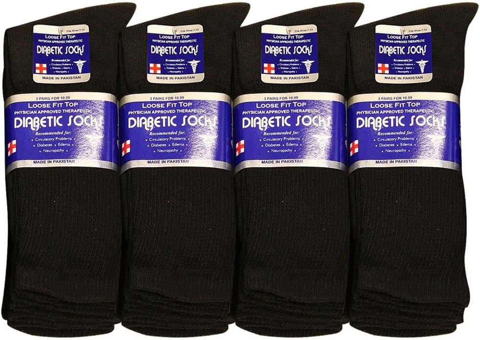 Falari Physicians Approved Diabetic Socks For Men Women Non-Binding Loose Top Wide Crew Length (, Black, 10-13) - Personal Care