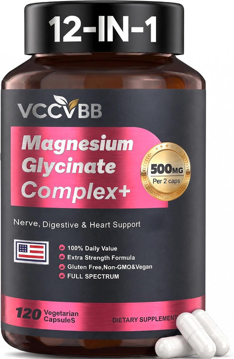 Magnesium Glycinate 500mg, 12-in-1 Magnesium Complex, 120 Capsules