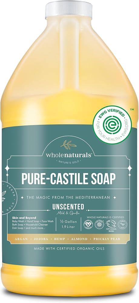 Wholenaturals Pure Castile Soap Liquid, EWG Verified & Certified Palm Oil Free Unscented, Natural, Mild & Gentle Non-gmo & Vegan - Organic Body Wash, Laundry, Pet/Dog and Baby Soap - 64 Fl Oz