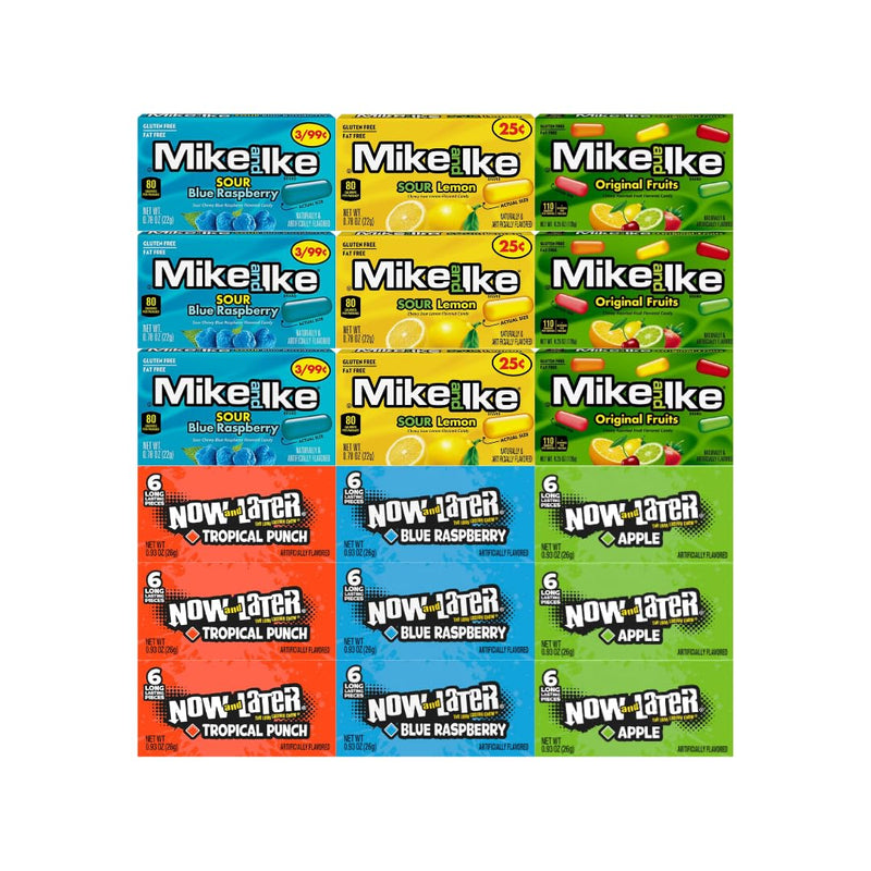 Assorted Candy Mix 18 Pack – Includes 3 Flavors of Mike and Ike & Now and Later – Sour Blue Raspberry, Sour Lemon, Original Fruits – Tropical Punch, Blue Raspberry, Apple – Individually Wrapped