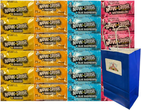 Assorted Now and Later Candy 24 Pack – Banana, Pineapple, Blue Raspberry & Watermelon – Long-Lasting Chewy Fun Treats, Party Favors, Kids’ Snack Bags, Event Candy Bulk
