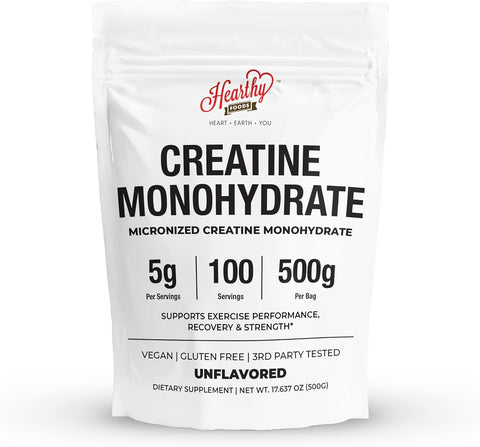 HEARTHY FOODS Creatine Monohydrate Micronized Powder 500G - 100 Servings, 5000mg Per Serving (5g) - for Men & Women Muscle Growth & Recovery - UNFLAVORED