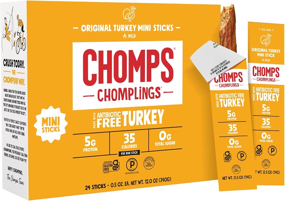 Chomps Original Turkey Chomplings Antibiotic Free, 24ct Protein Snack Stick