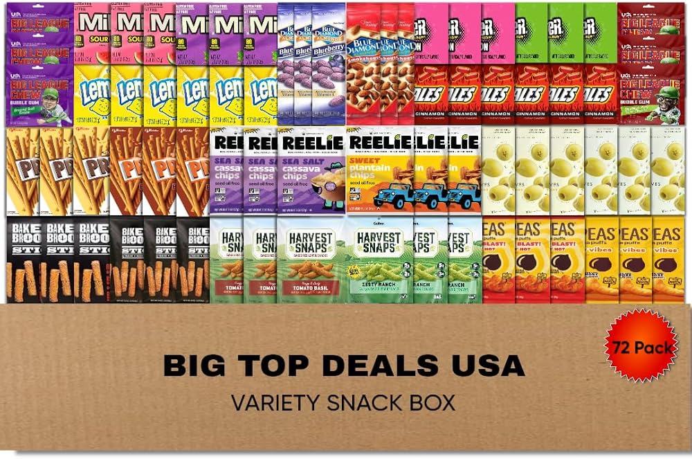 BIG TOP DEALS USA Variety Snack Box 72 Count Candy, Chips & Snacks Assortment Gift Box for Parties, Office, School, Birthdays & Care Packages