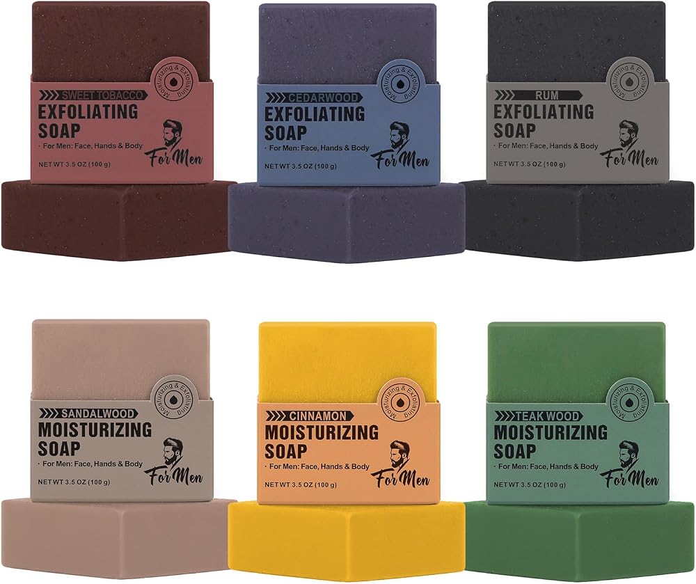 Mens Soap Bar Set of 6 Natural Bar Soap 4-in-1 Moisturizing & Exfoliating Soap for Face, Body, Hands, Shave Gift for Men All Skin Type 6 Different Scents (3.5 oz of 6 Bars)