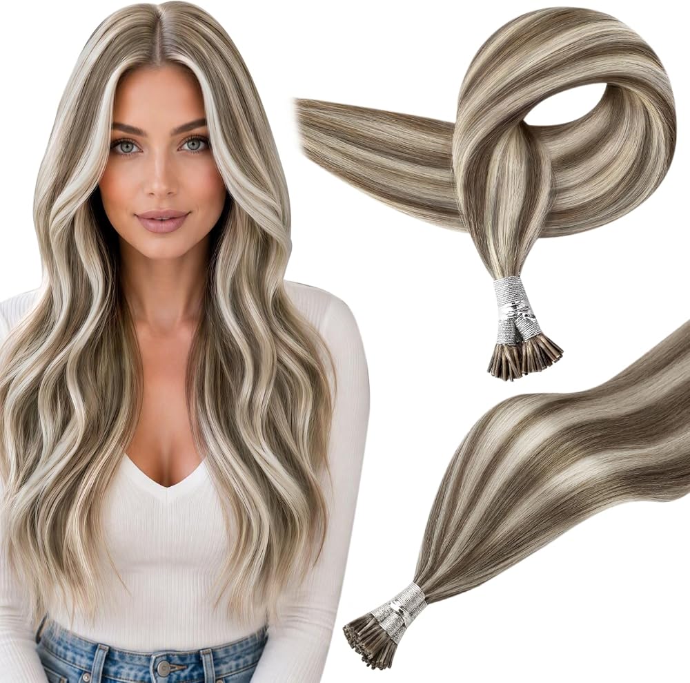Full Shine Itip Human Hair Extensions, Brown Blonde Highlights 18 Inch