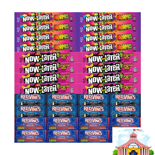 Candy Assortment Now And Later & Red Vines 4 Flavors - Original Red, Black Licorice, Original Mix, Morphs - 8 Of Each Flavor (32 Pack) - Perfect For Parties, Snacking, Gift Baskets, Candy Buffets