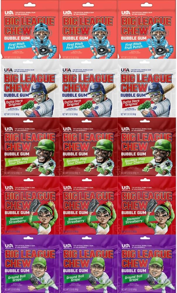 Variety Pack Big League Chew Bubble Gum, 15 Pack (2.12 oz Bags) Chewy Shredded Bubble Gum, Classic Baseball Style Candy, Fun Party Treat for Kids & Adults