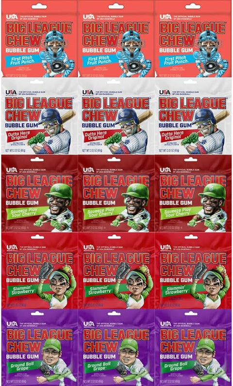 Variety Pack Big League Chew Bubble Gum, 15 Pack (2.12 oz Bags) Chewy Shredded Bubble Gum, Classic Baseball Style Candy, Fun Party Treat for Kids & Adults