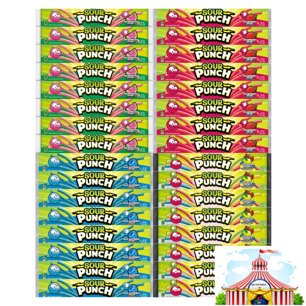 Variety Pack Sour Punch Straws - Soft And Chewy Sugar Coated Candy, 4 Flavors: Rainbow, Blue Raspberry, Strawberry, Watermelon - 2 Oz, 8 Each Flavor, 32 Pack - Sweet And Tangy Treat