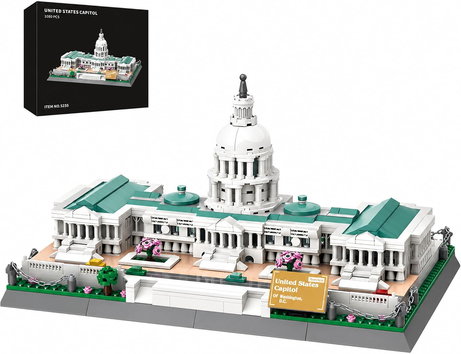 United States Capitol Building Blocks Set 1074 Pieces Washington D.C. Architecture Model Kit with Nameplate & Chain Fence USA Landmark Souvenir Gift Construction Toy for Adults & Teens