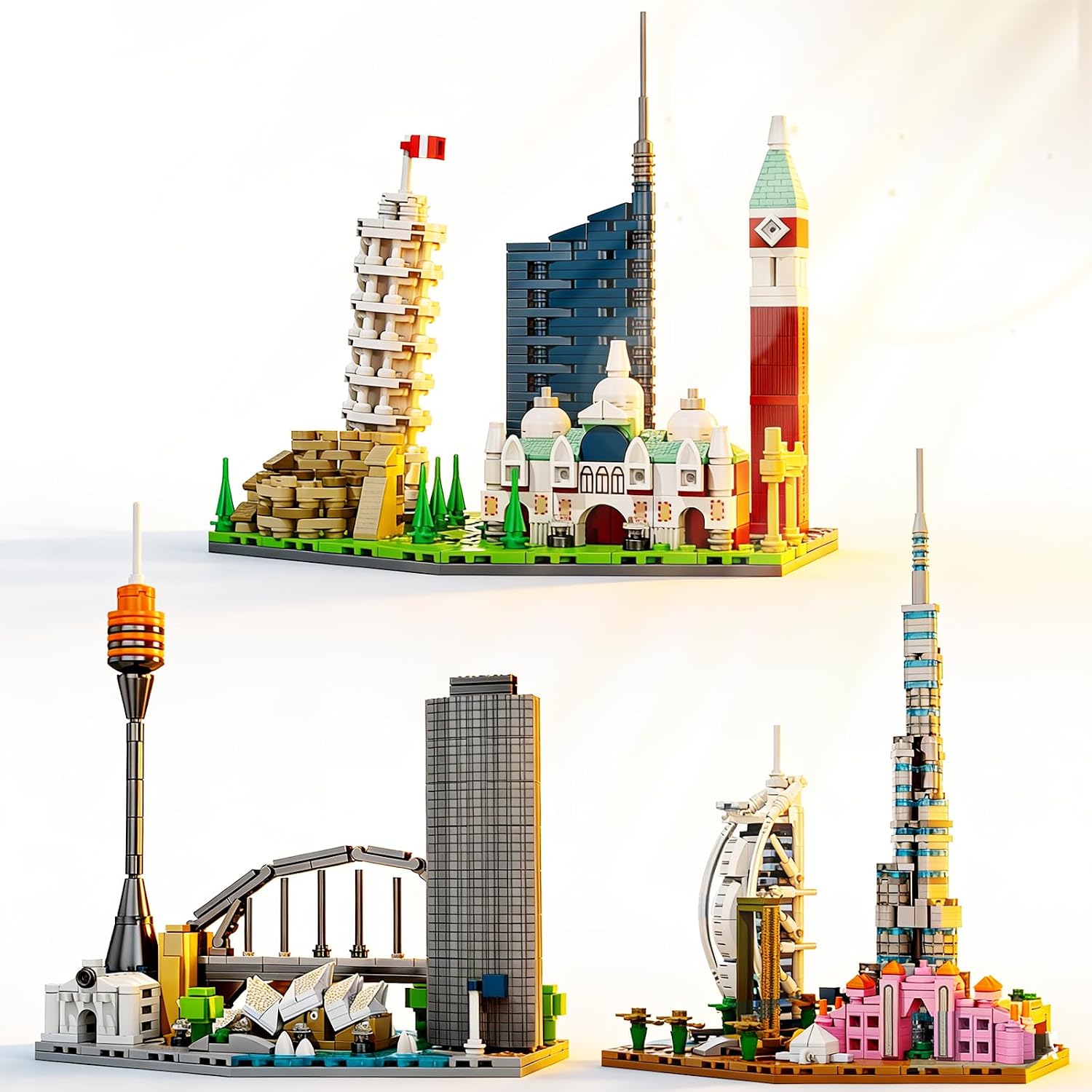 3 Famous World Architecture Skyline Collection Building Set, Dubai, Australia, Italian Includes Burj Khalifa Tower, Burj Al Arab, Sydney Opera House, Leaning Tower of Pisa (1684PCS)