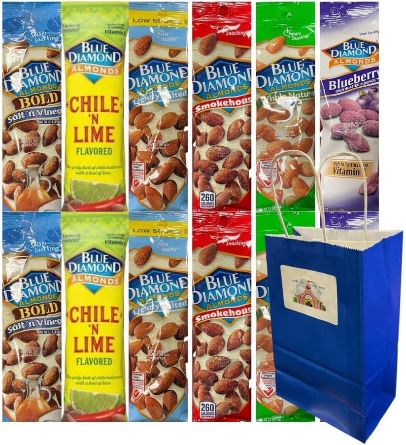 Variety Pack Diamond Almonds 12 Count – 6 Flavors – Whole Natural, Lightly Salted, Chile 'n Lime, Smokehouse, Salt 'n Vinegar, Blueberry – 1.5 oz Packs with Blue Paper Gift Bag
