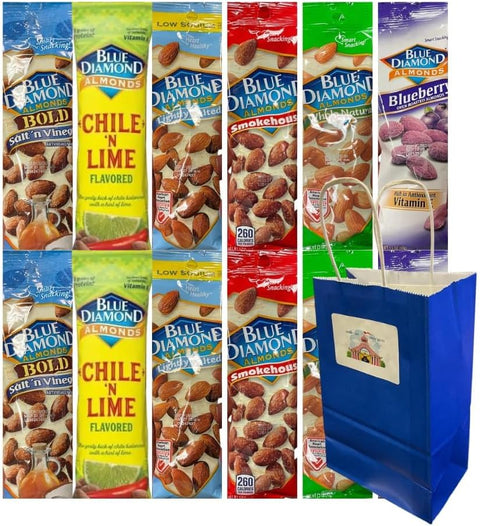 Variety Pack Diamond Almonds 12 Count – 6 Flavors – Whole Natural, Lightly Salted, Chile 'n Lime, Smokehouse, Salt 'n Vinegar, Blueberry – 1.5 oz Packs with Blue Paper Gift Bag