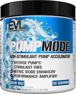EVL PumpMode Nitric Oxide Supplement - Nitric Oxide Booster Pump Pre Workout Powder with Glycerol and Betaine for Muscle Recovery Growth and Endurance - Stim Free Pre Workout Drink (Blue Raz)